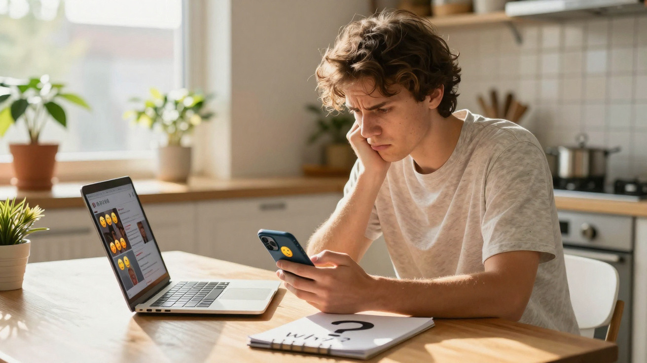 Young man in white t-shirt looking concernedly at phone with laptop and notebook on kitchen table
