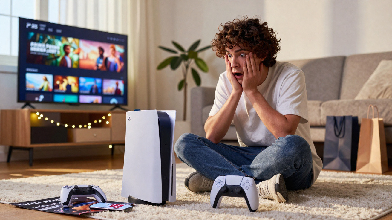 Young man sitting on a carpet looking amazed at a PlayStation 5 console and controllers in a living room.