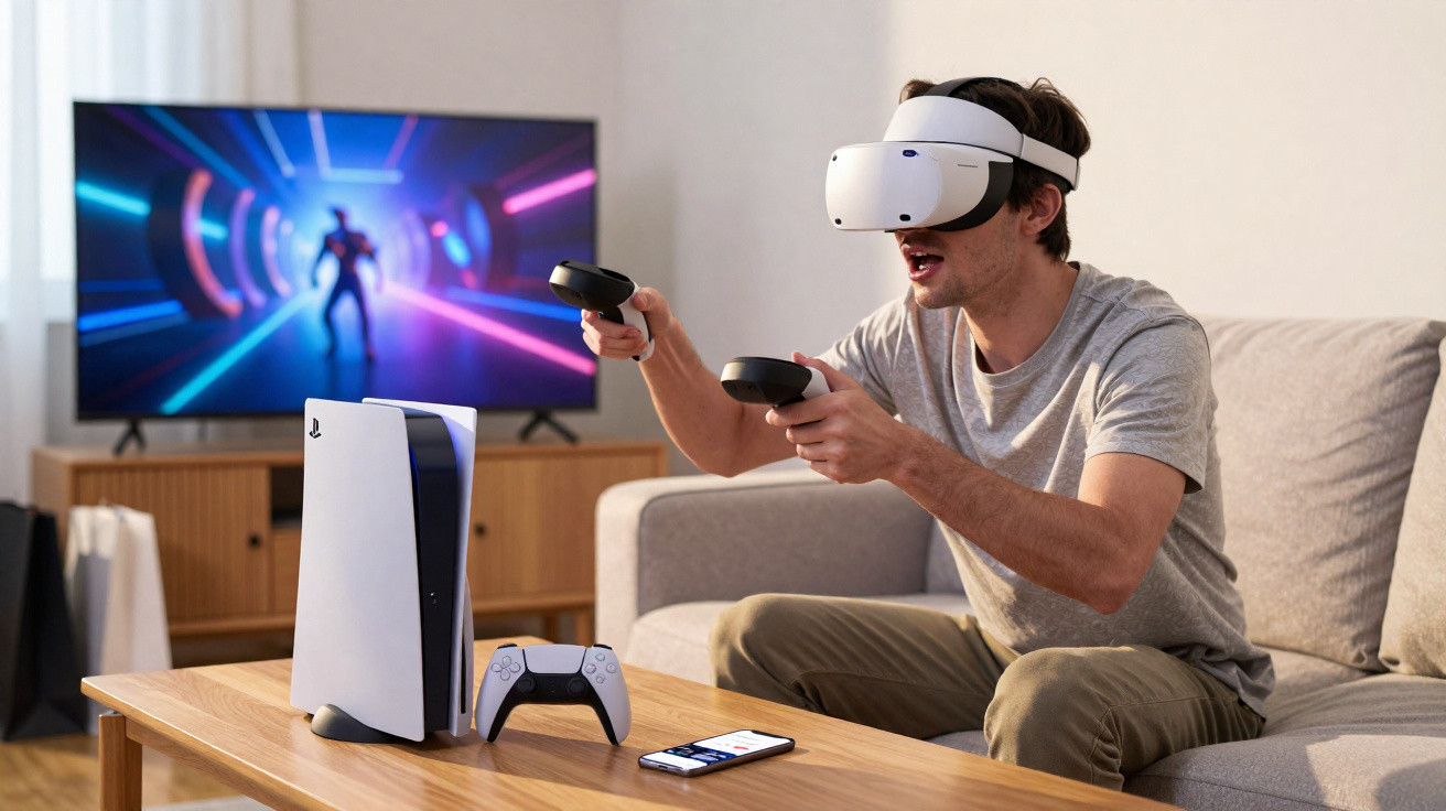 Man wearing a virtual reality headset playing video games with controllers in a living room.