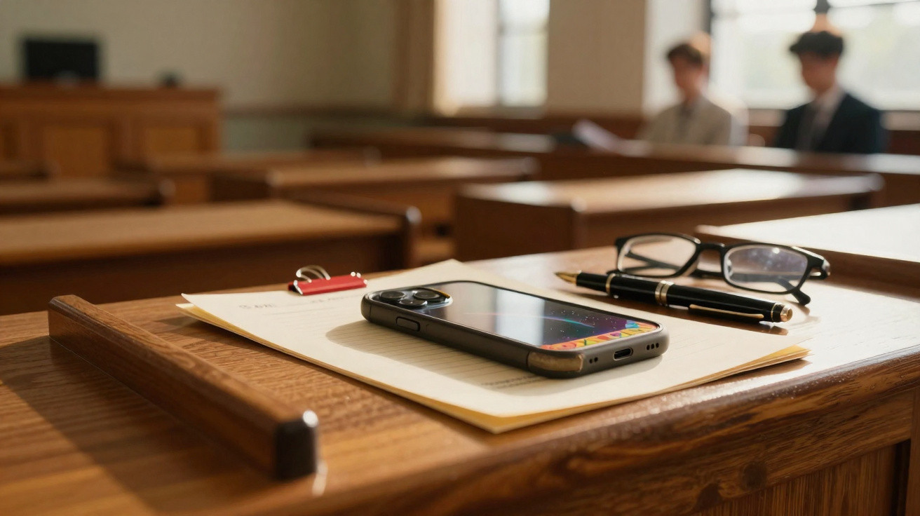 Smartphone, glasses, pen, and paper on a wooden desk in a classroom with blurred background students.