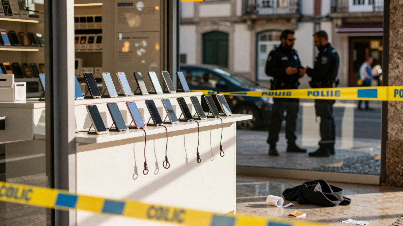 Display of smartphones on a counter inside a store with police tape and officers in the background.