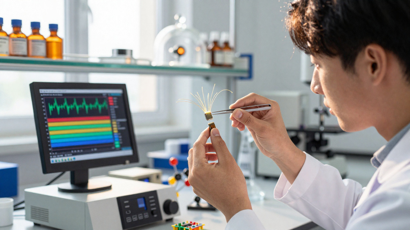 Scientist in lab coat using tweezers to hold a small electronic sensor near a monitor displaying data graphs.