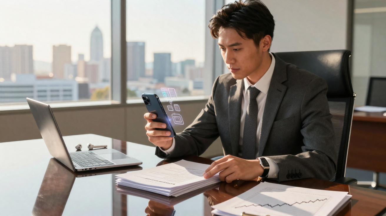 Businessman in a suit using a smartphone with digital icons above, sitting at a desk with laptop and documents in an office.