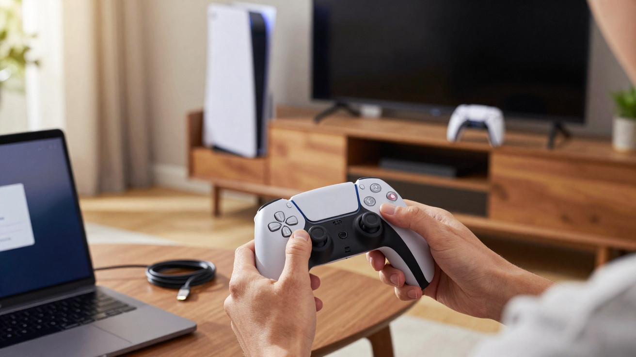 Person holding a white gaming controller in front of a TV and PlayStation 5 in a living room setting.