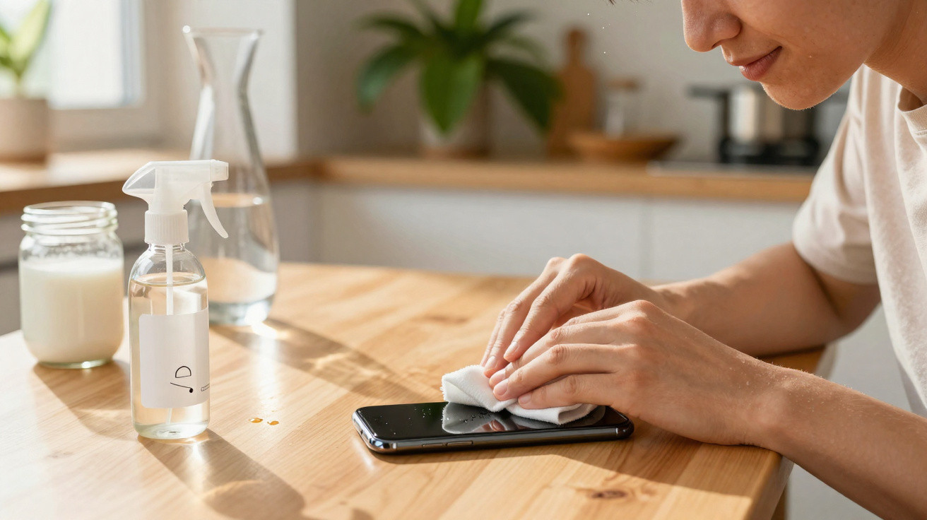Person wiping a smartphone screen on a wooden table with a cloth next to a spray bottle and a jar of milk.