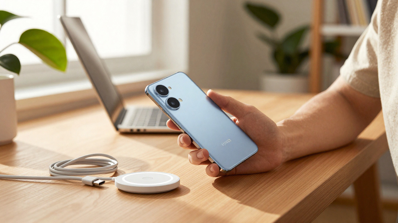 Person holding a blue smartphone over a wooden desk with a wireless charger and open laptop in background.