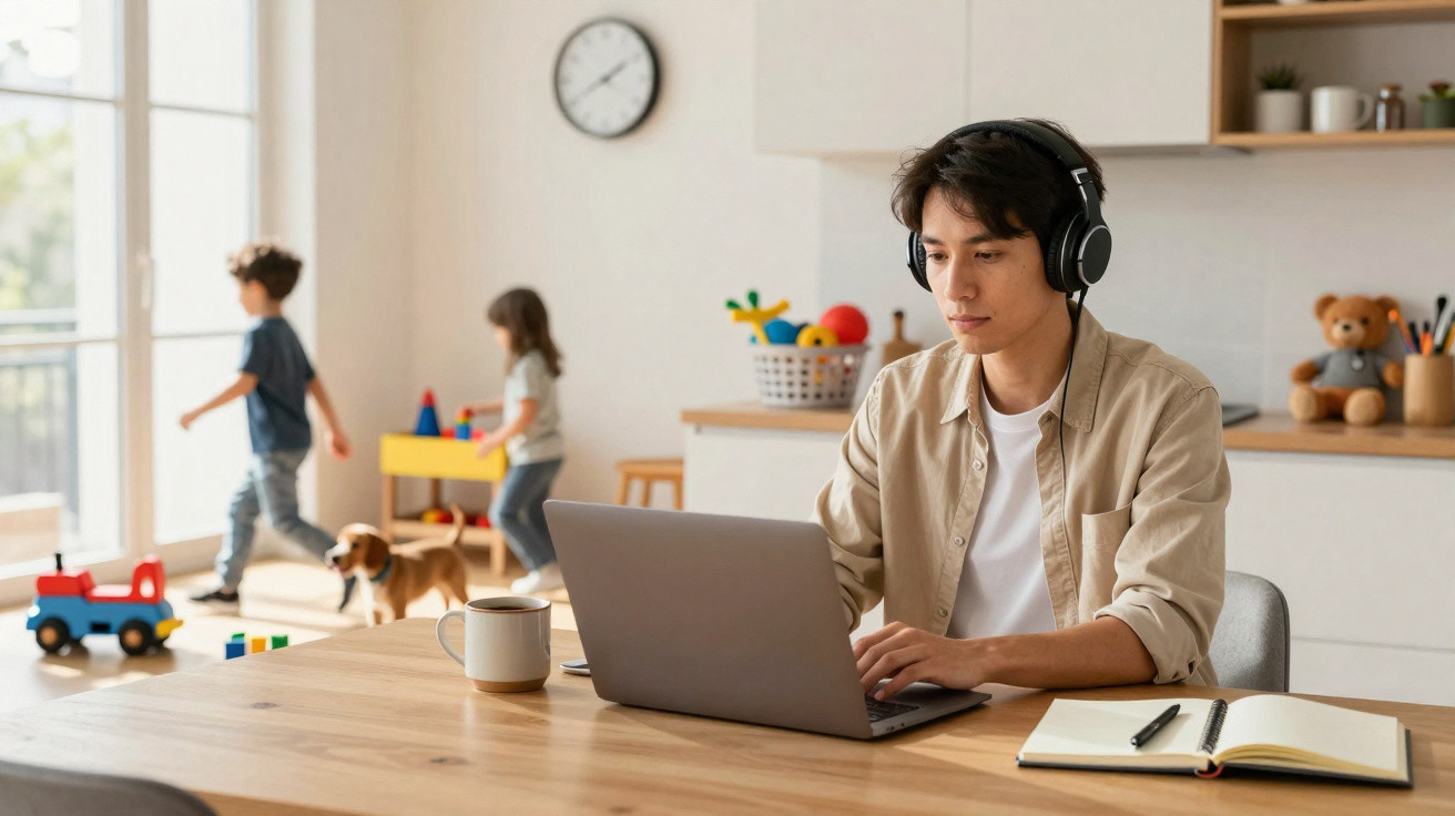Young man wearing headphones working on a laptop at a table while children and a dog play in the background.