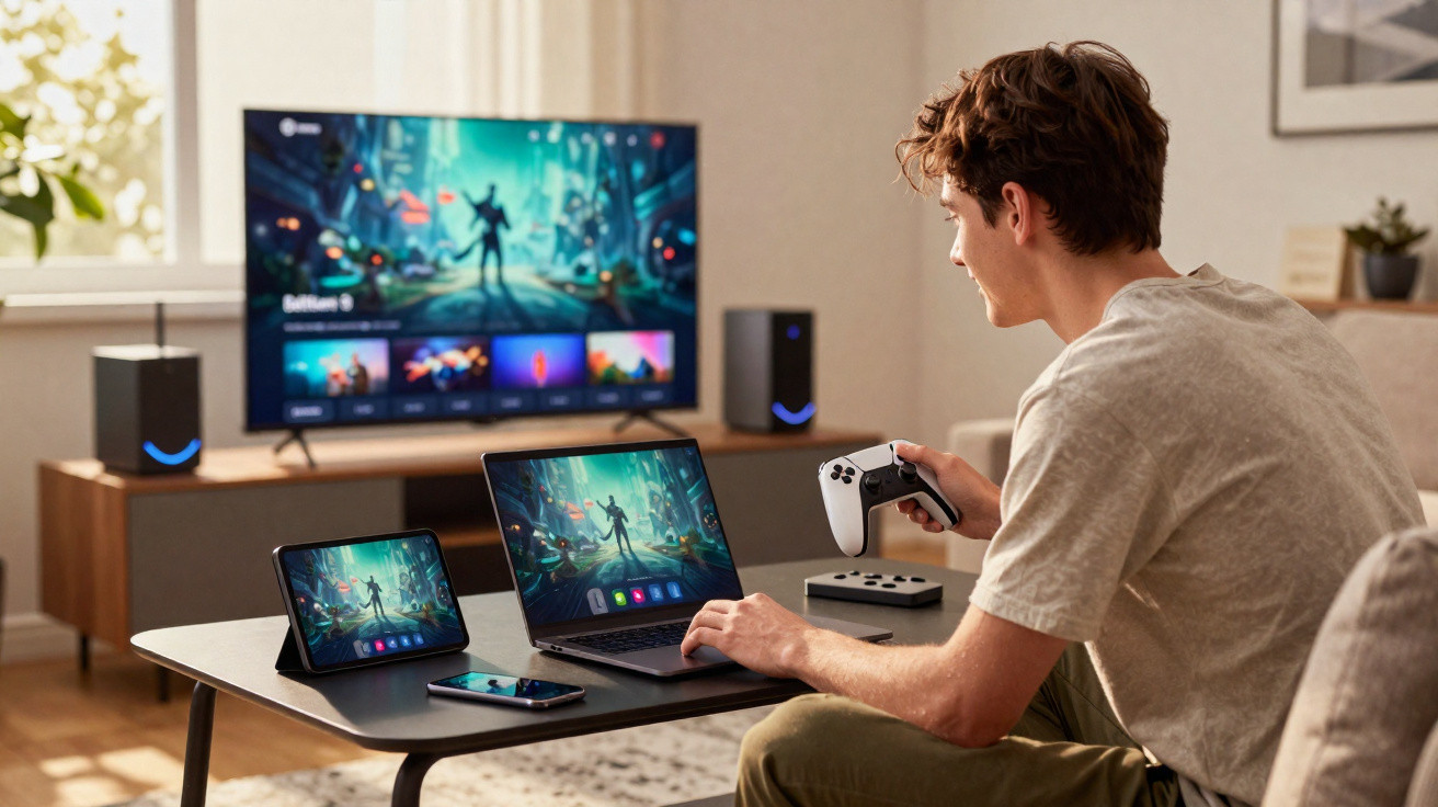 Young man playing video games across multiple devices including TV, laptop, tablet, and phone in a living room.