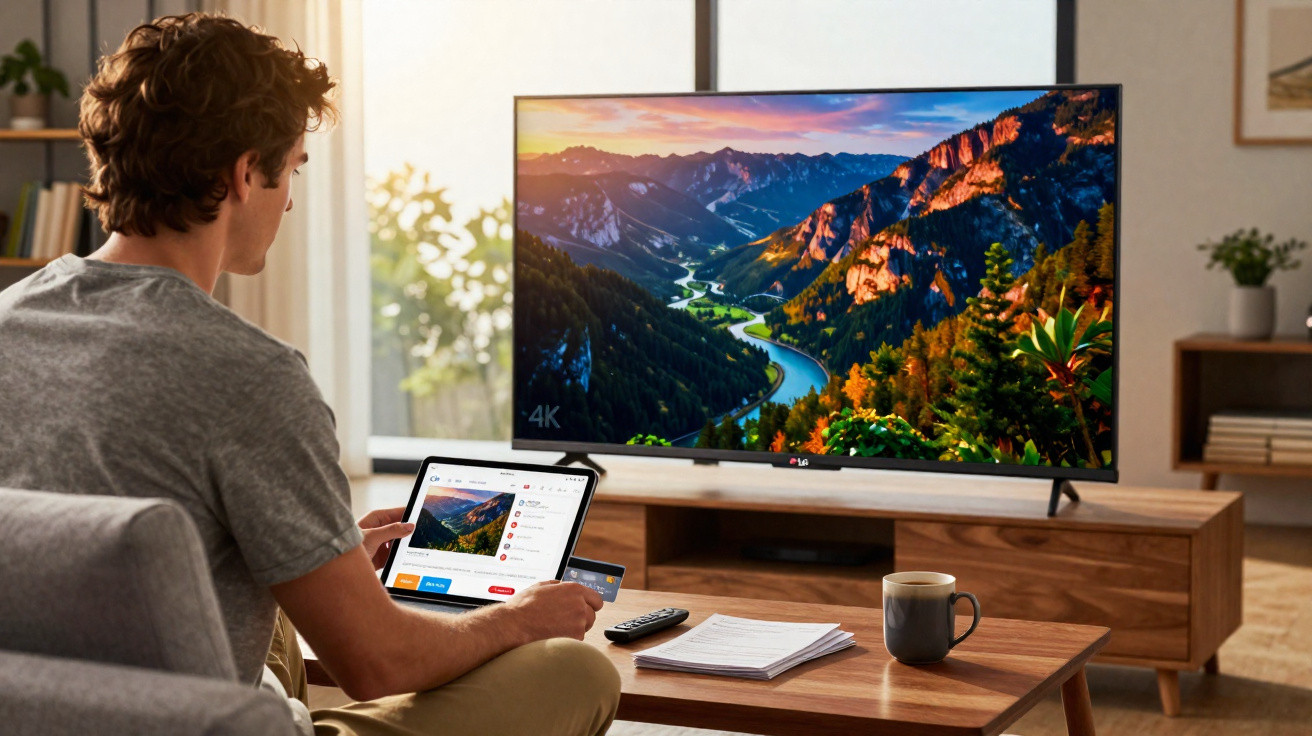 Man sitting on a sofa using a tablet for online shopping while a 4K TV displays a mountain landscape.