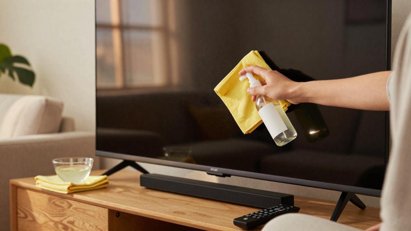 Person cleaning a flat-screen TV with a yellow cloth and spray bottle on a wooden stand with a remote control.