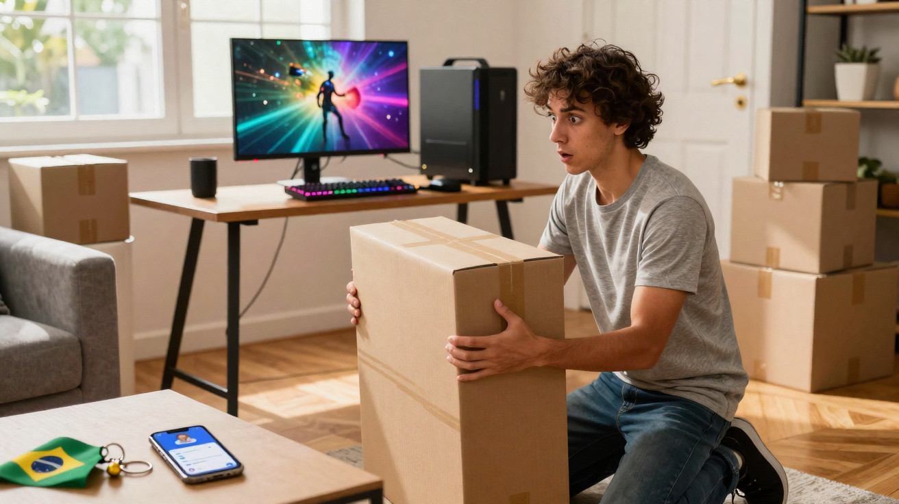 Young man holding a cardboard box in a room with packed boxes and a gaming computer setup.