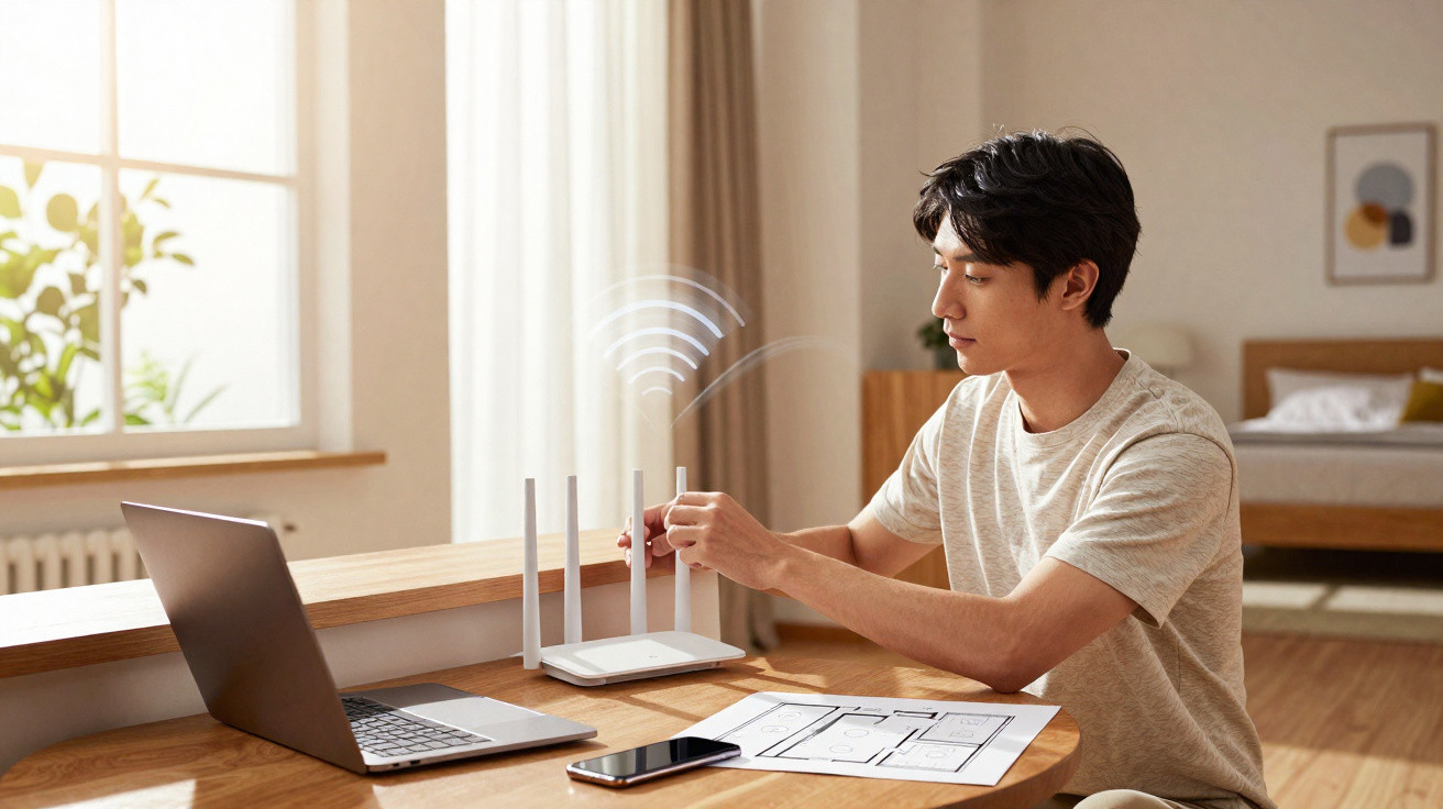 Man setting up a white Wi-Fi router at a wooden table with a laptop, smartphone, and documents in a bright room.