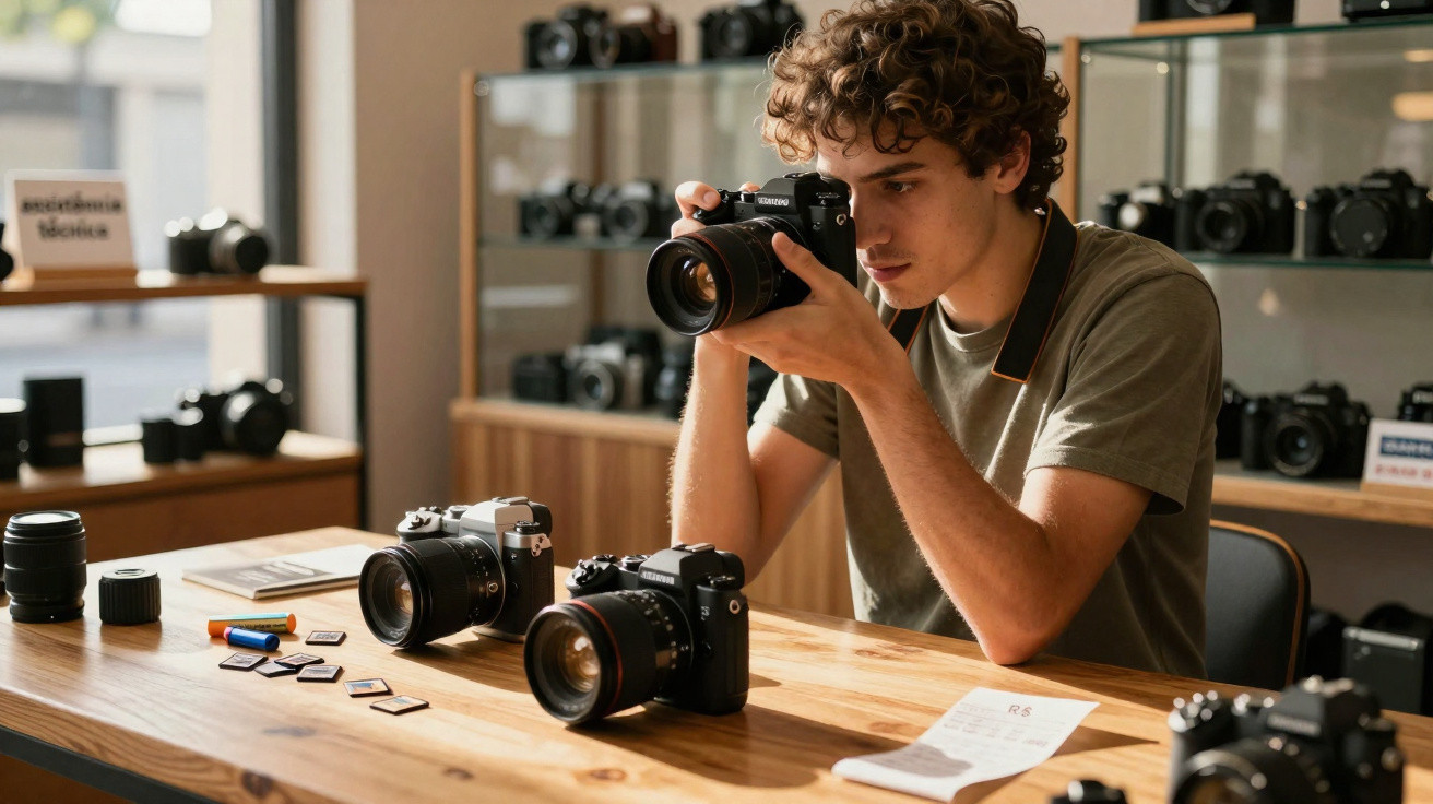 Young man testing a camera in a photography store surrounded by multiple cameras and lenses on a wooden table.