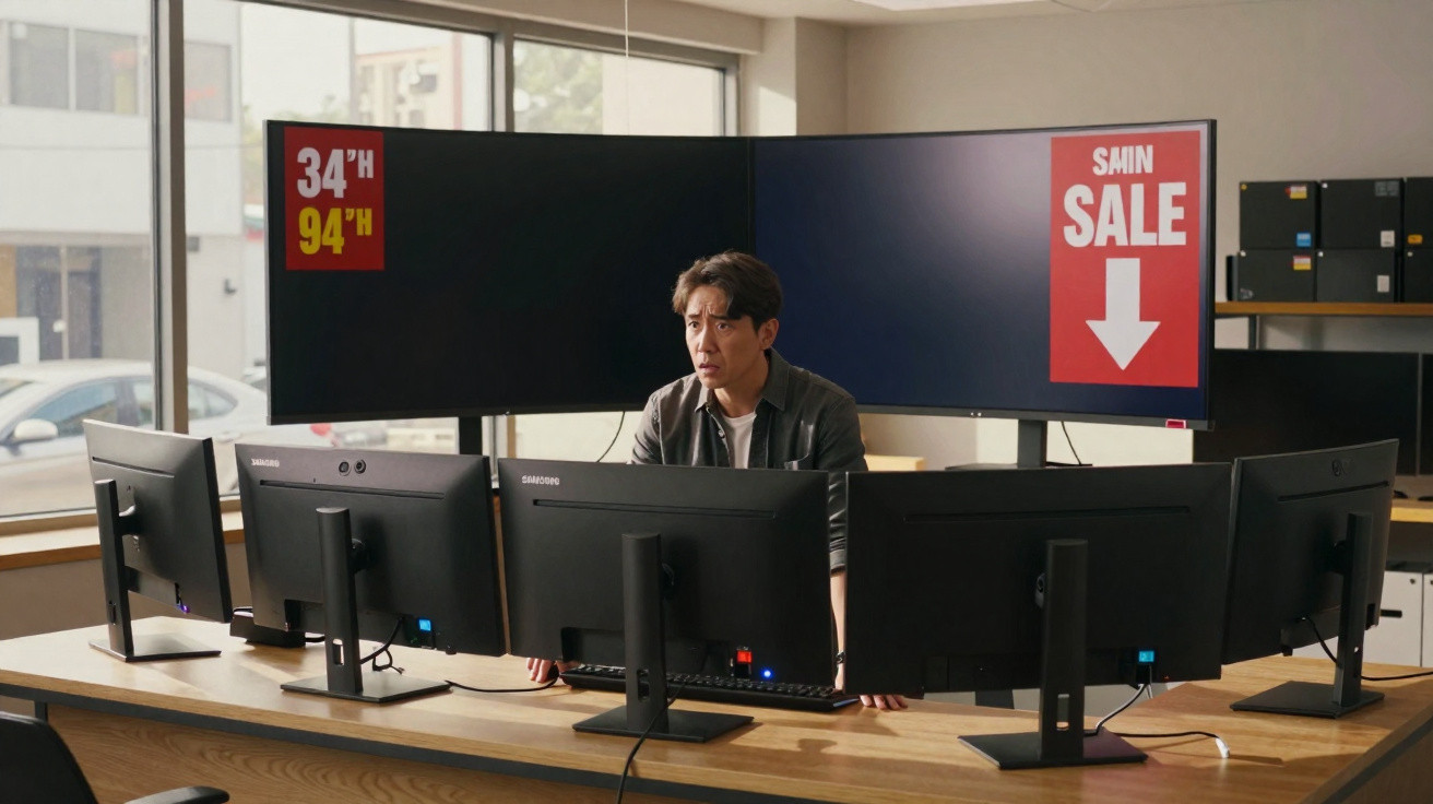 Man monitoring multiple computer screens in an office with large sale signage in the background.