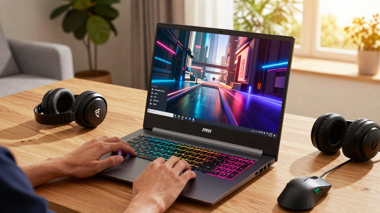 Person using MSI laptop with rainbow backlit keyboard, black headphones, and mouse on wooden desk near window.