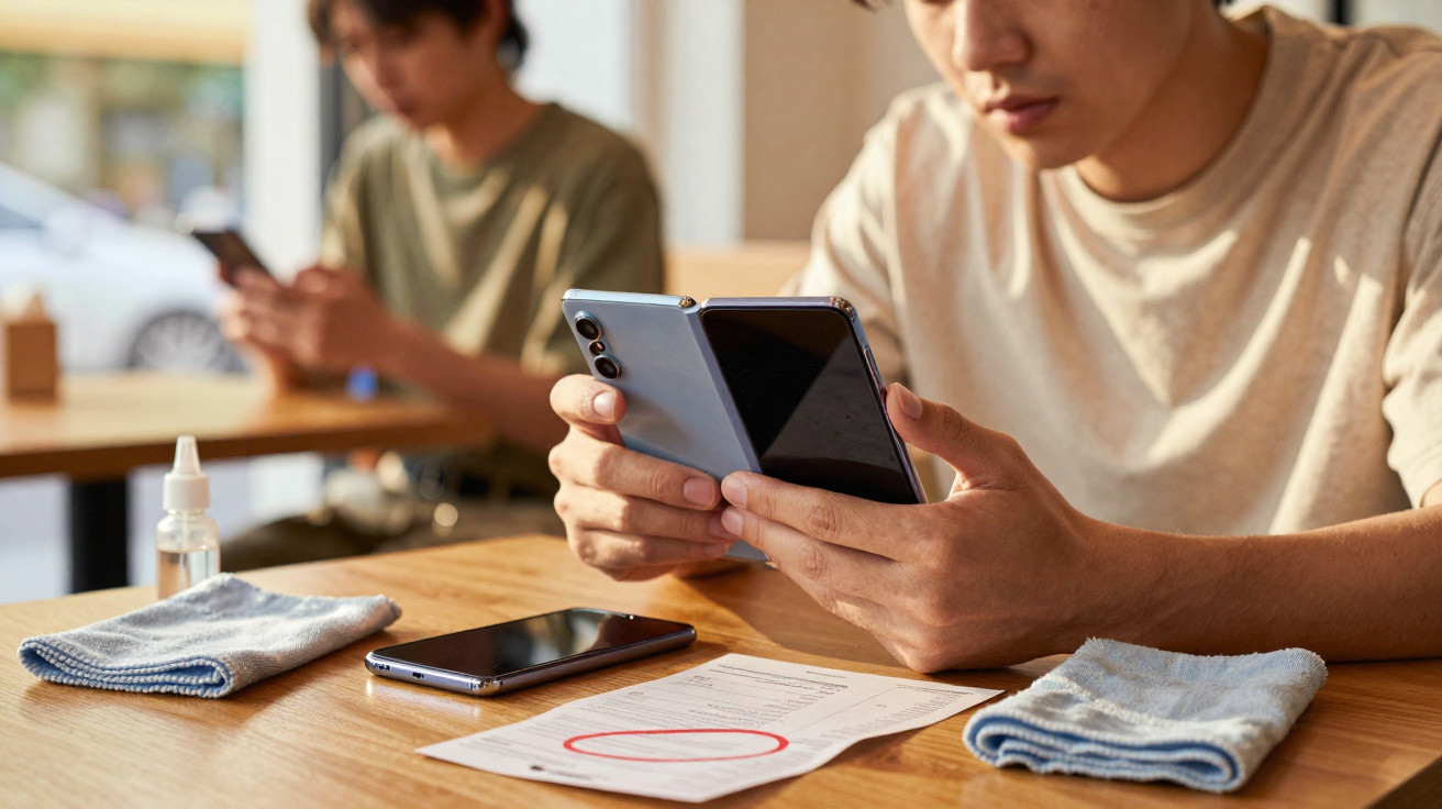Two people using smartphones at a wooden table with a receipt, hand towels, and a bottle of sanitizer.
