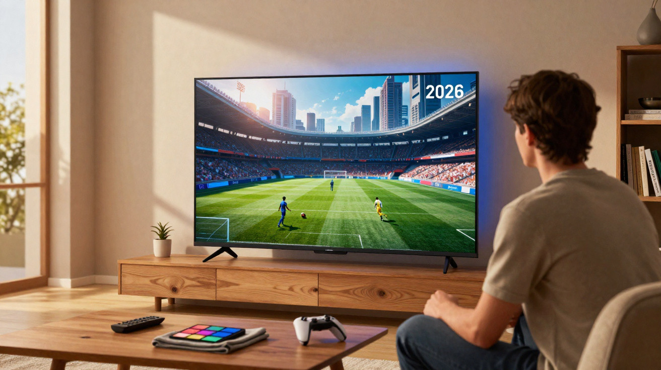 Person sitting on a chair playing a football video game on a large TV in a modern living room.