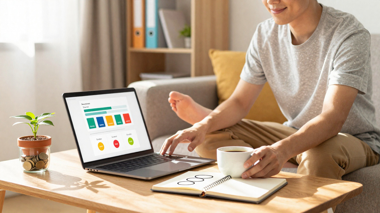 Person multitasking with laptop showing charts, notebook, and coffee on a wooden table in bright living room.