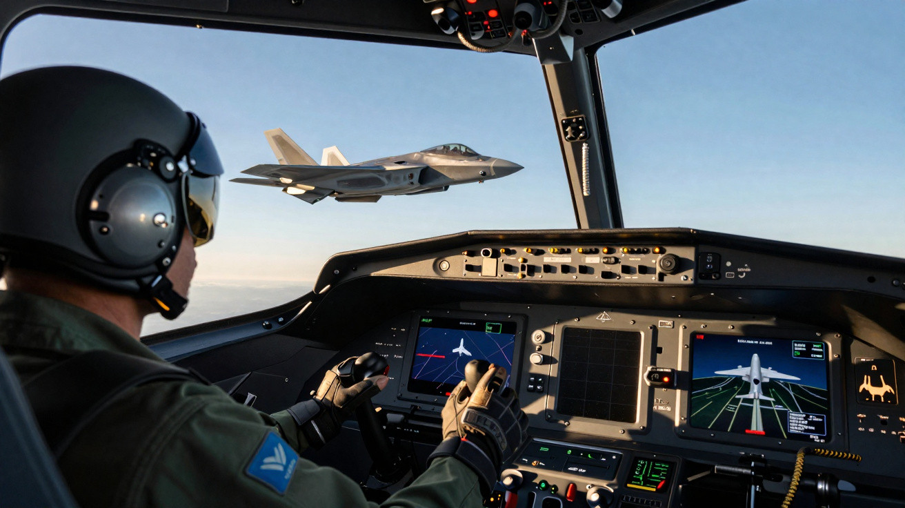 Pilot wearing helmet and gloves flying a plane with fighter jet visible outside the cockpit window.