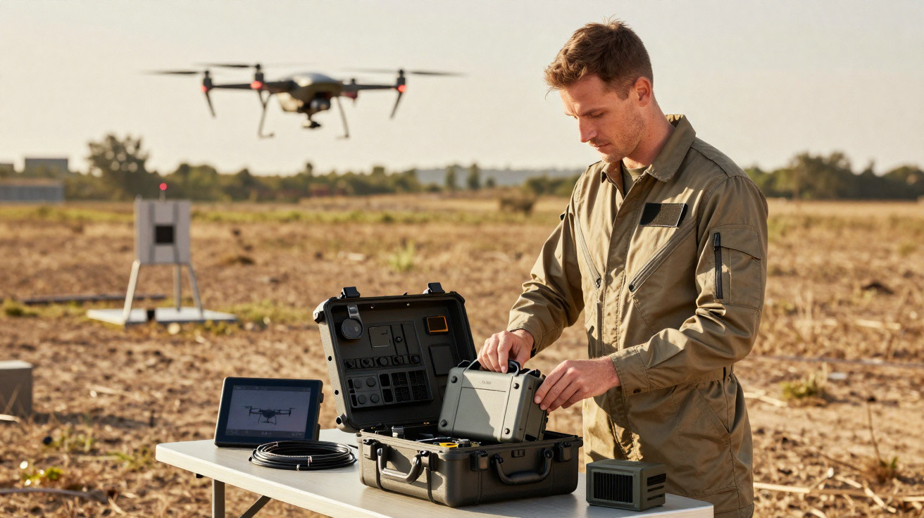 Man in khaki outfit operating drone equipment on a table in an open field with a drone flying nearby.