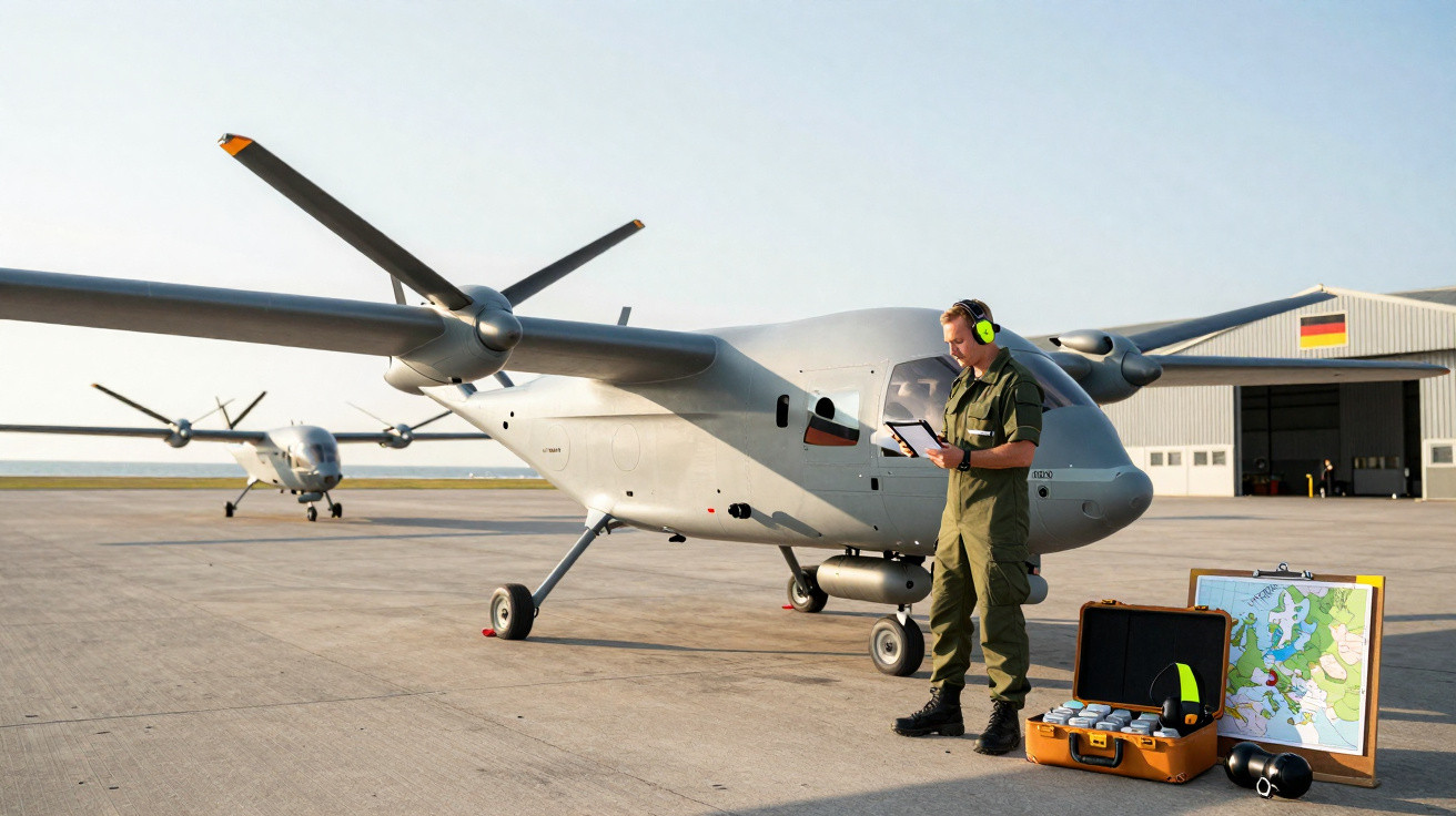 Military personnel in green uniform and ear protection inspects a drone on an airfield with maps and equipment nearby.
