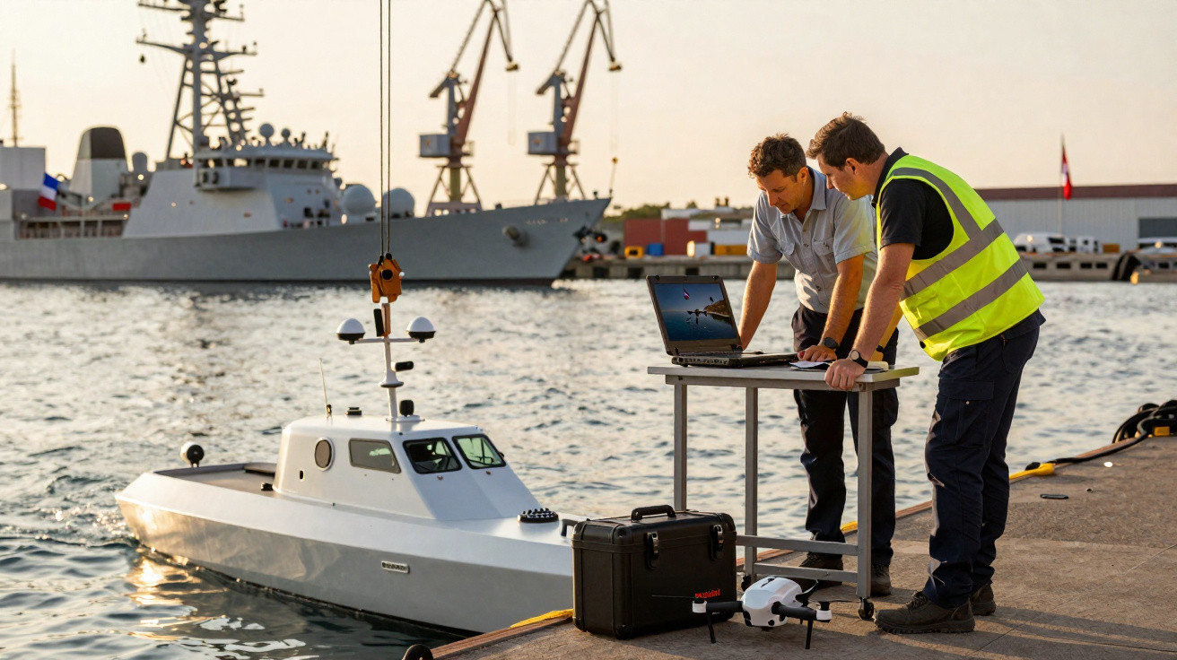 Two men operating a remote-controlled boat at a dock with a naval ship and cranes in the background.