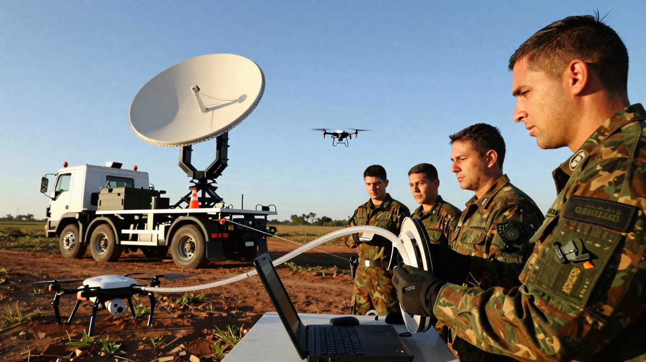 Military personnel operating drones and satellite communication equipment in an open field at sunset.