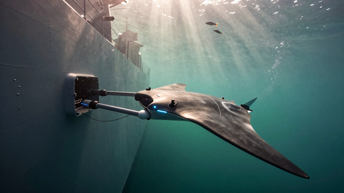 Underwater drone shaped like a ray being deployed from a ship with sunlight streaming through water.