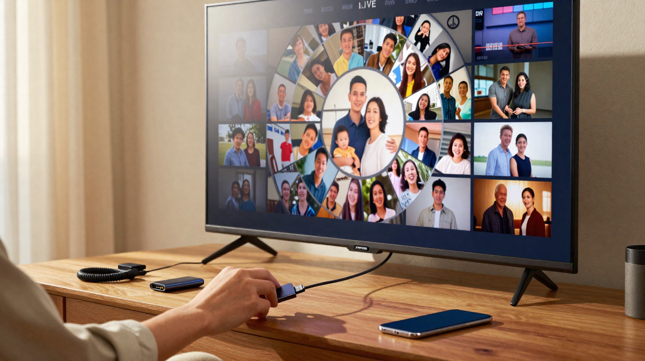 Person connecting HDMI cable to a TV displaying a video call with multiple participants in a grid layout.