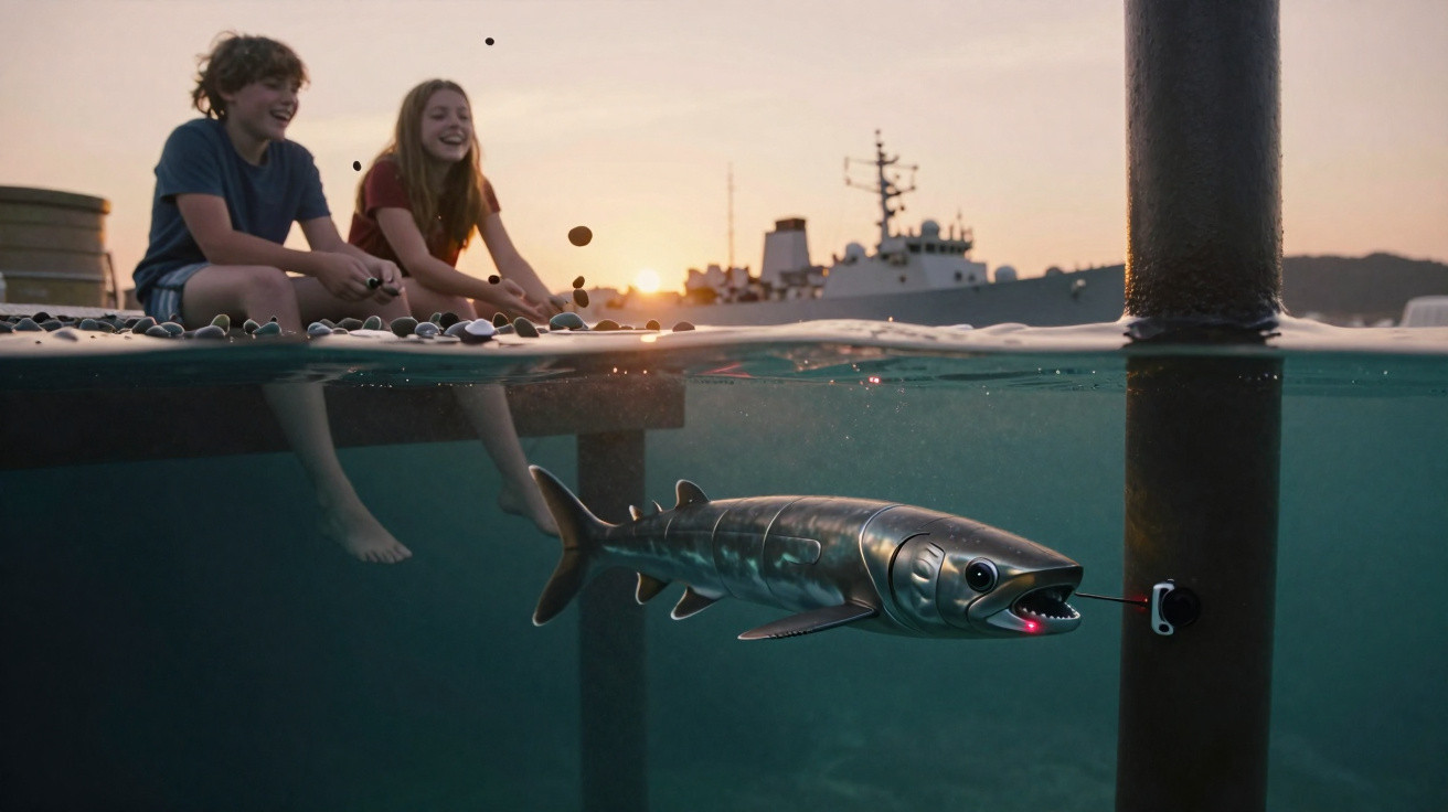 Two children sit on a dock at sunset, watching a robotic fish swim underwater near a pier post.
