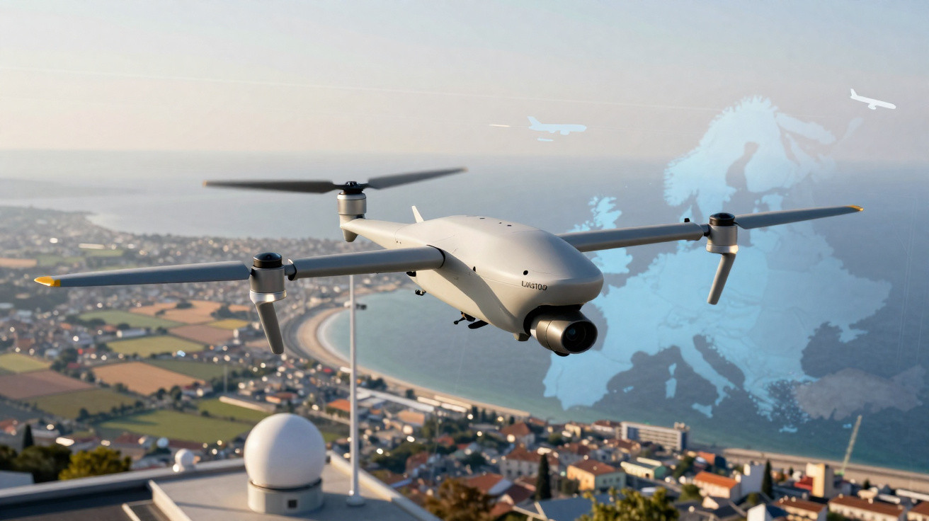 Drone flying over a coastal town with a digital map of Europe overlayed in the sky.