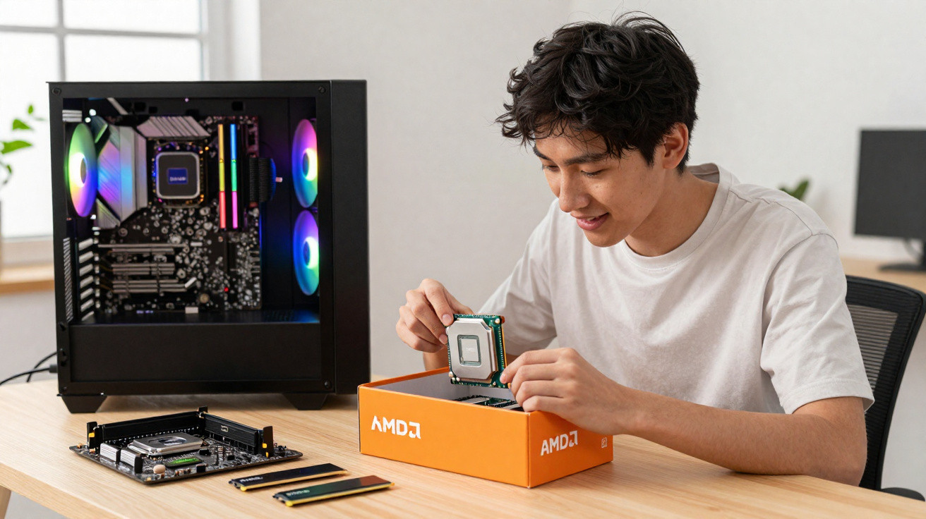 Young man assembling a desktop PC, installing a CPU from an AMD box on a wooden desk with PC components nearby.