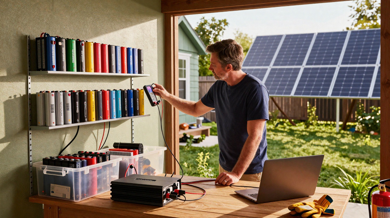 Man testing batteries in workshop with solar panels visible outside in the garden.