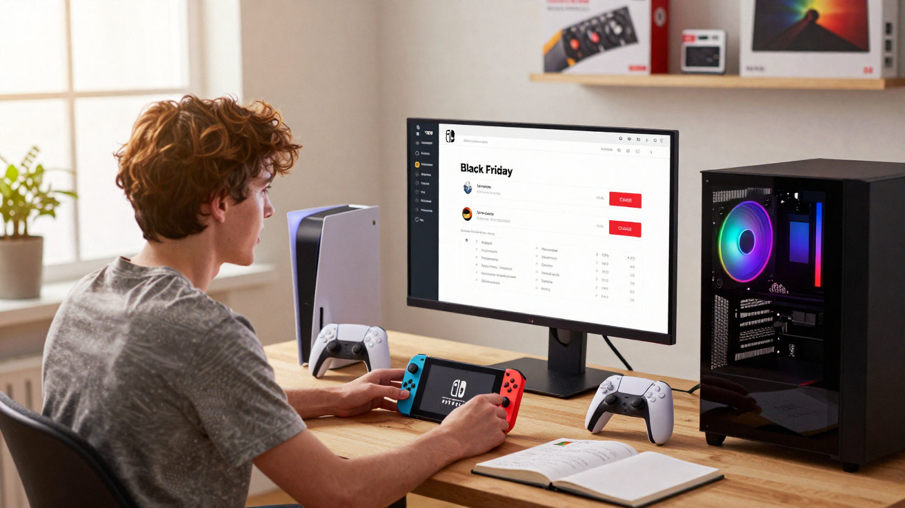 Young man using a Nintendo Switch at a desk with a PC, two controllers, and a monitor showing Black Friday deals.