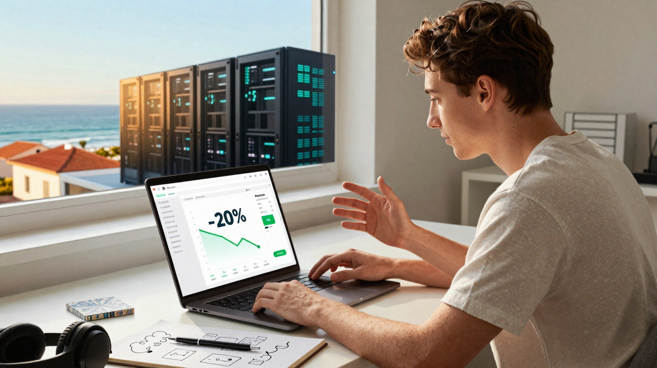 Young man analysing a laptop graph showing a 20% decrease, with servers visible outside a window by the sea.