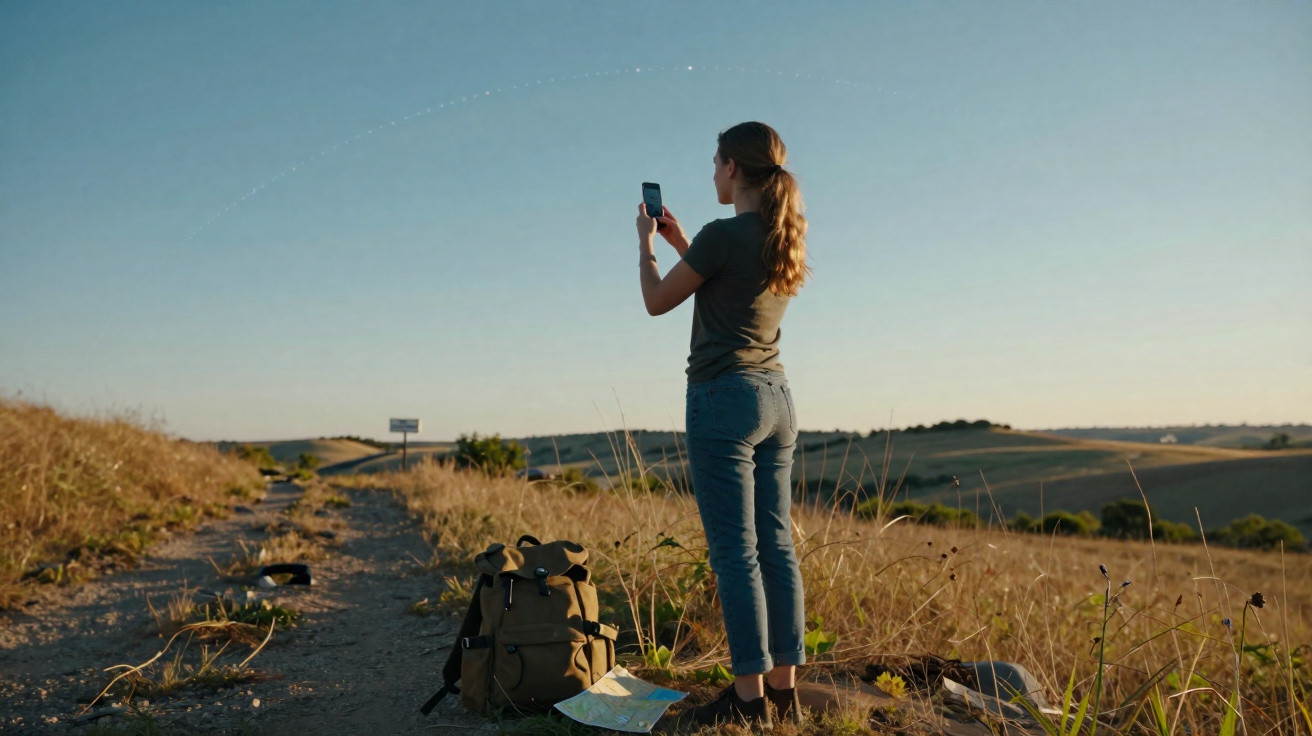 Woman standing on rural path using smartphone with backpack and map on ground during golden hour.