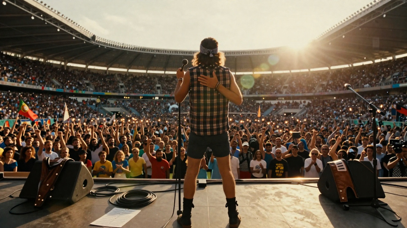 Musician on stage with microphone embraces a fan as a large crowd cheers inside an outdoor stadium.