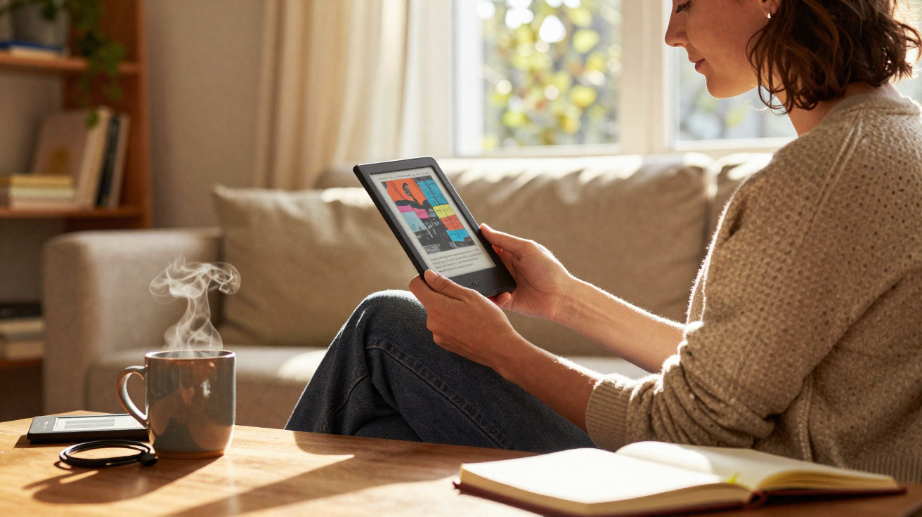 Woman sitting on a couch reading an e-book on a tablet with a steaming mug on the table in a bright living room.