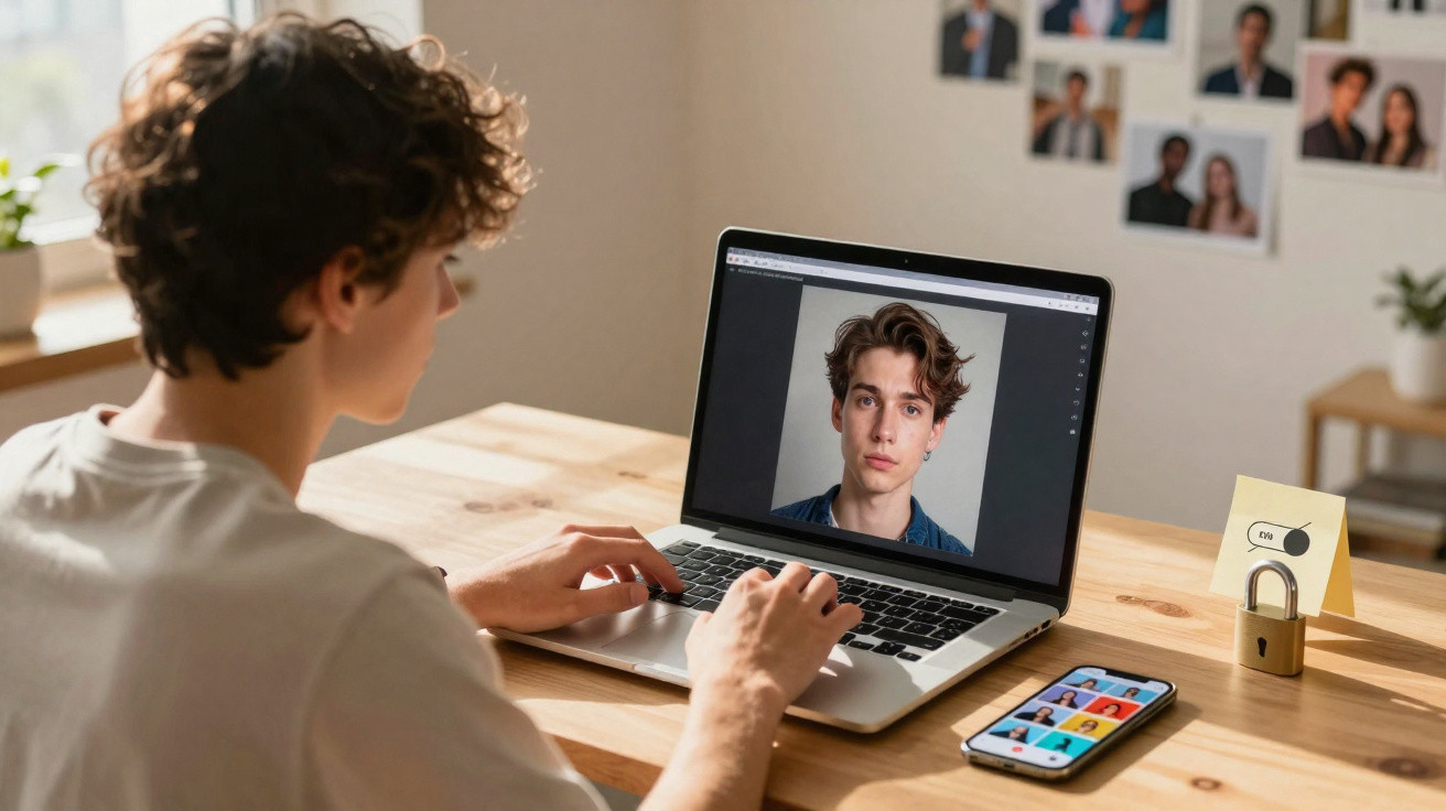 Person editing a portrait photo on a laptop at a wooden desk with a smartphone displaying a photo app nearby.