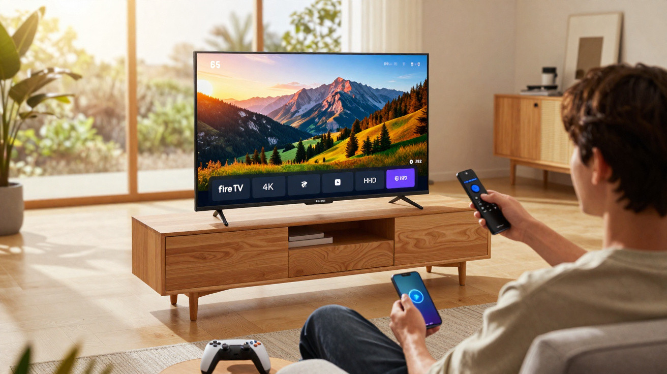 Person using remote and smartphone to control a 4K Fire TV showing a mountain landscape in a bright living room.