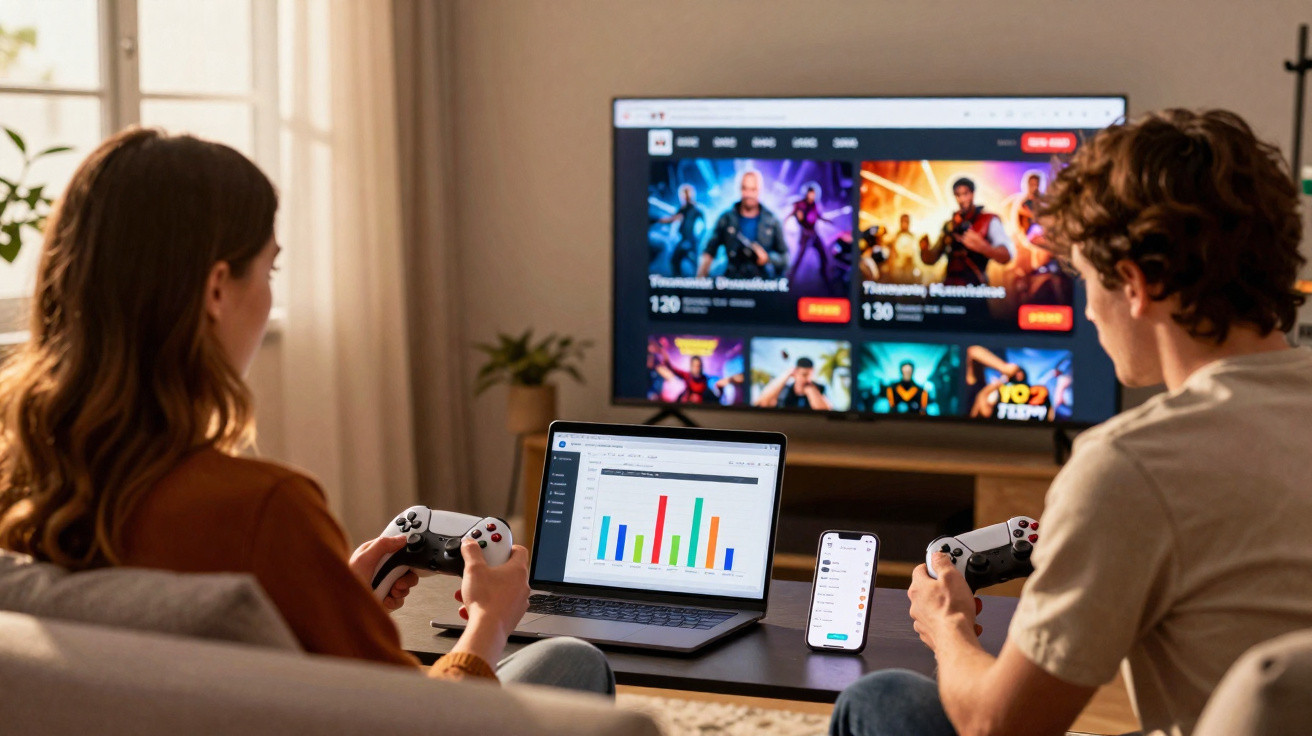 Two people holding game controllers playing video games with a laptop and smartphone on the table.
