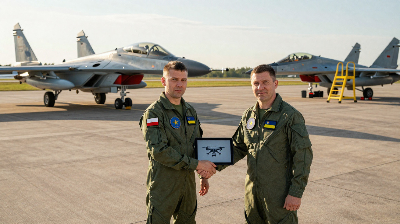 Two pilots in flight suits shaking hands and holding a tablet showing a drone image, with fighter jets on runway behind them.
