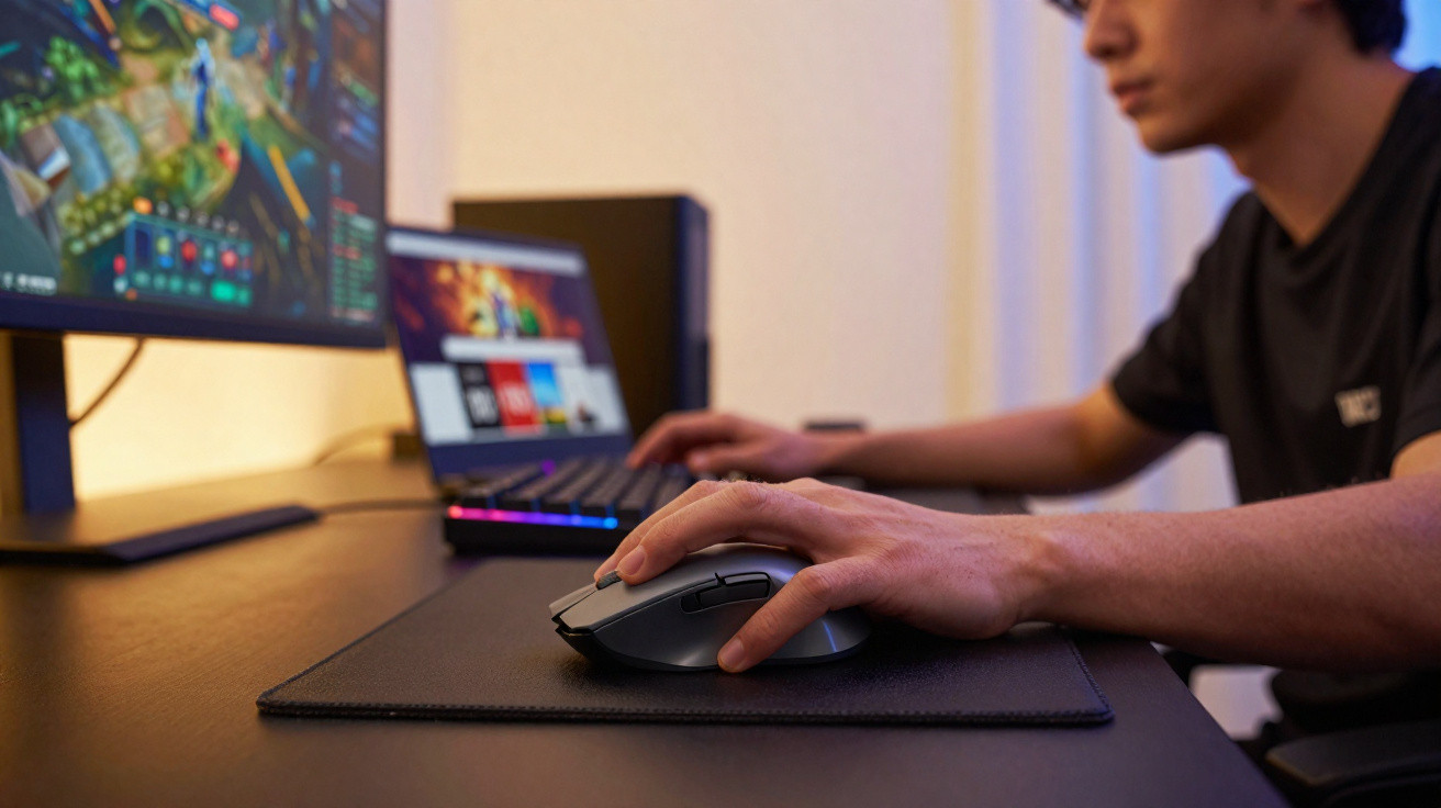 Person using a computer mouse and keyboard at a desk with dual monitors displaying a game and a website.