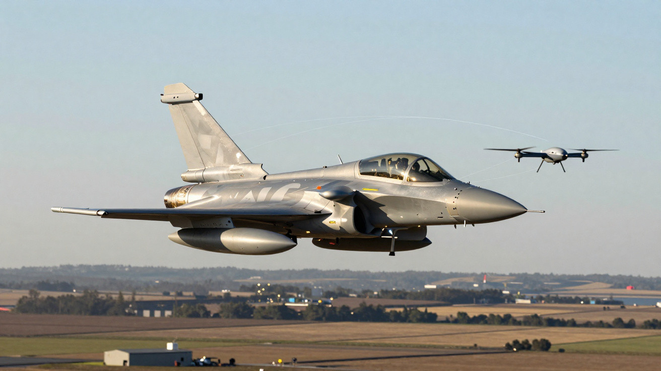 Military fighter jet and a drone flying side by side over a rural landscape on a clear day.