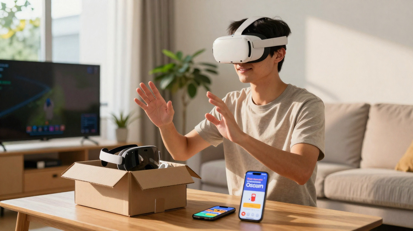 Young man wearing a virtual reality headset interacting with a VR game in a bright living room.
