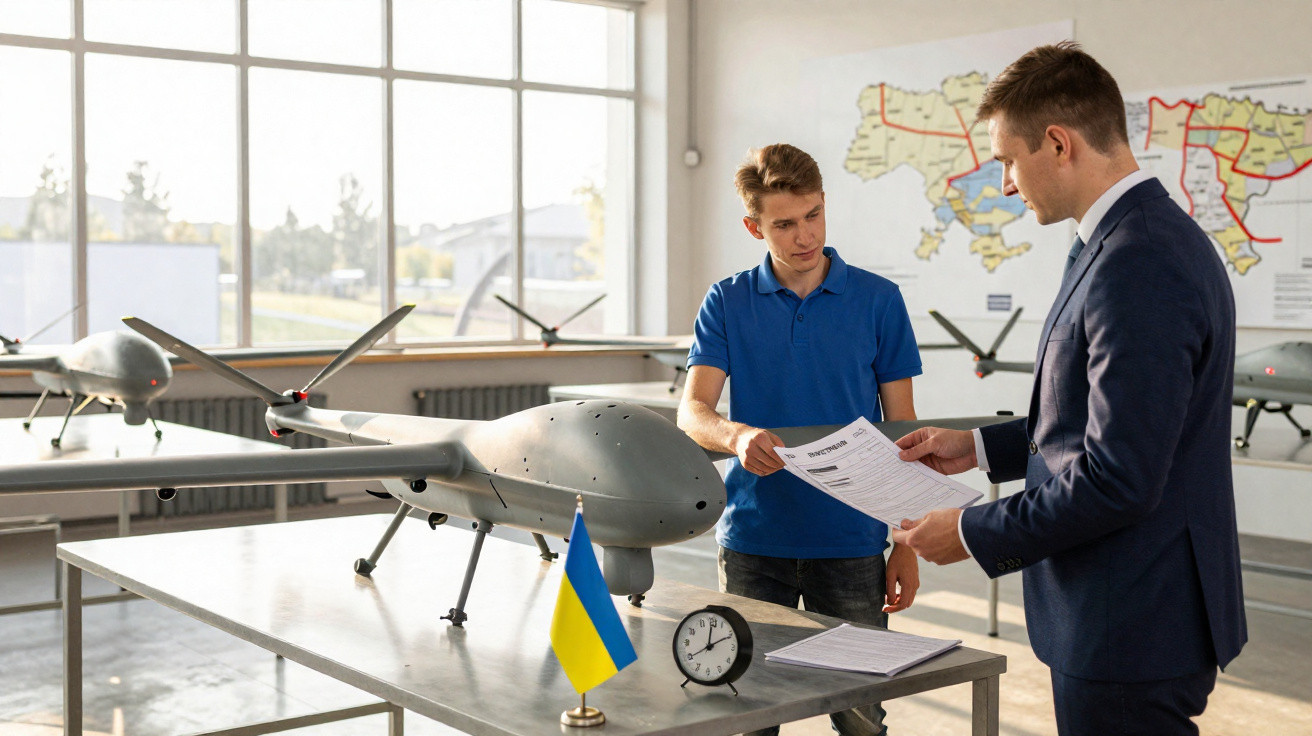 Two men discussing documents beside drone model and Ukrainian flag on a table in a bright room with maps.