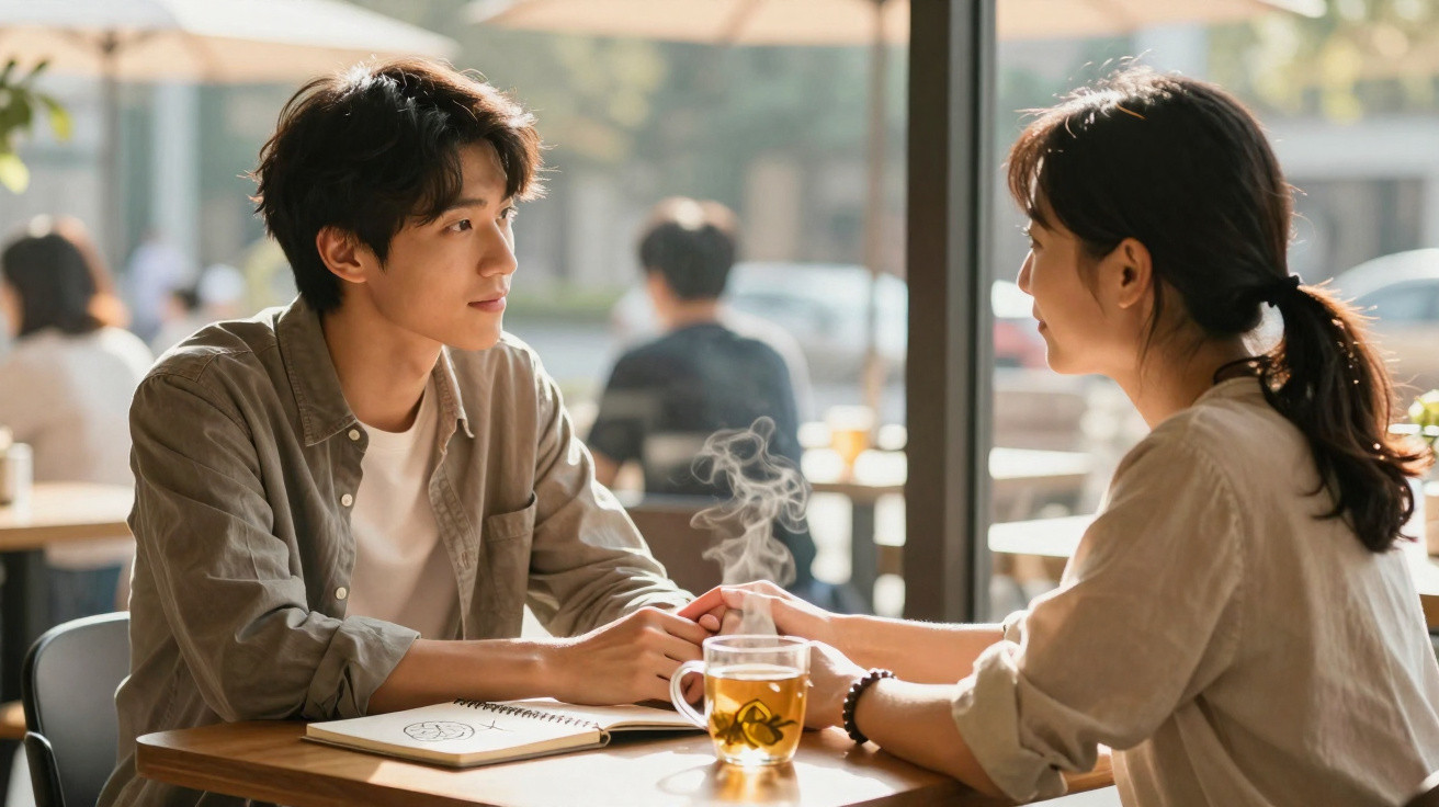 Young couple holding hands and talking in a sunlit café, with steaming tea on the table.