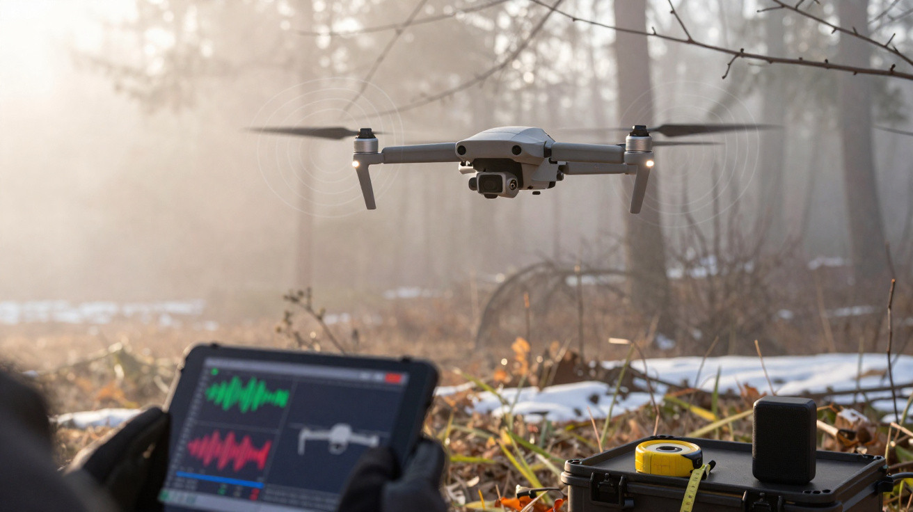 Drone hovering in a misty forest with person controlling it via tablet displaying flight data.