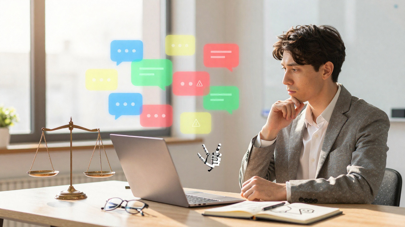 Young man in suit sitting at desk with laptop and legal scales, surrounded by colourful chat bubbles.