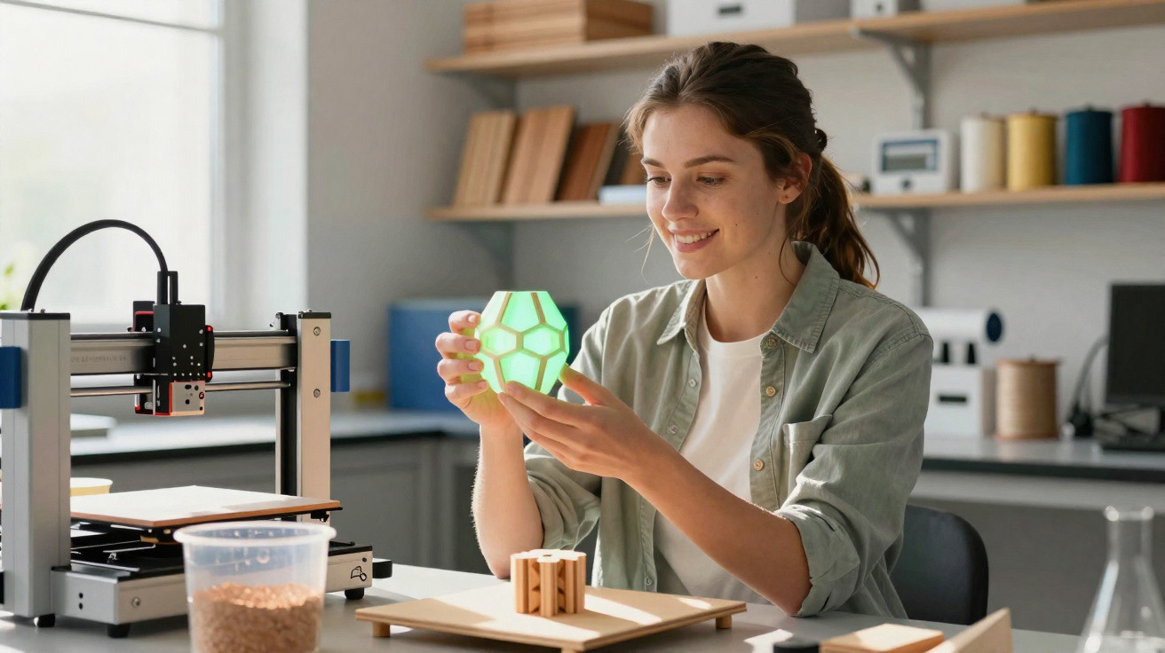 Young woman examining a glowing 3D-printed object in a bright workshop with a 3D printer nearby.